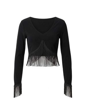 WOVCOR Fitted V Neck Tassel Detail Long Sleeve Blouse - Black