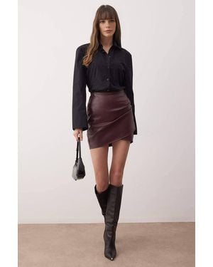WOVCOR Faux Leather Draped High Waist Mini Skirt - Red
