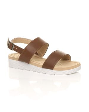 AJVANI Low Wedge Heel Strappy Faux Leather Flatforms - Brown