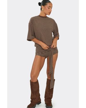 EGO Blouson Style Short Sleeve Crew Neck Tie Striped Playsuit - Brown