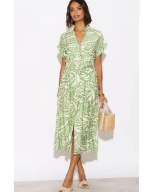 CY Multi Leaves' Print Cotton Linen Shirt Dress Short Sleeves - Green