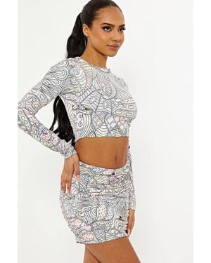 Stylewise Printed Slinky Crop Top & Ruched Mini Skirt Co-Ord - Grey