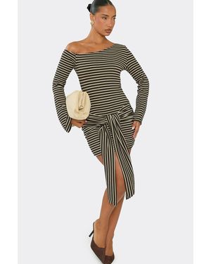 EGO Long Sleeve Tie Striped Mini Dress - Green