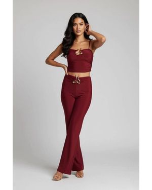 Stylewise Buckle Detail Strappy Top & Wide Leg Trouser Co-Ord Set - Red