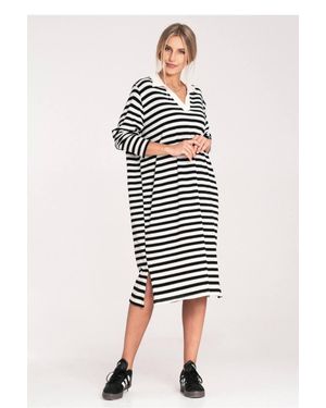 Love Lace Striped Knitted Collar Long Sleeve Dress To Knee - White