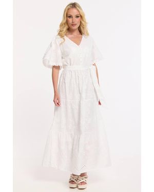 Liquorish Broderie Cotton Tie Waist Dress - White