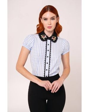 Hell Bunny Beatrix Vintage Gingham Bunny Embroidered Puff Sleeve Blouse - White