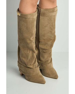 Miss Diva Izel Block Heel Pointy Toe Trim Buckle Ruched Boots - Natural