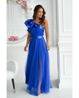 Love Lace Bicolour Mesh Long Dress With Satin Ruffle - Blue