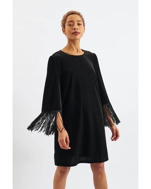 Louche Rosamee Fringe Trim Sleeve Mini Dress - Black