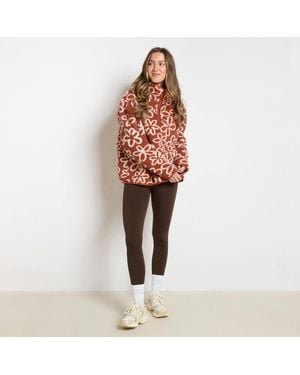OHS Printed Teddy Half Zip Fleece Sweatshirt Pullover Jumper Top - Red