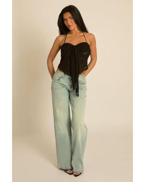 Rebellious Fashion Lace Halterneck Tie Front Top - Natural