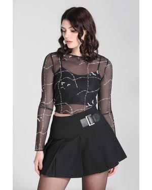 Hell Bunny Stitches Bat Print Stretch Mesh Crop Top With Lettuce Hem Detail - Black