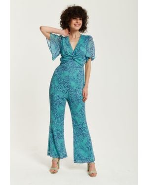 Liquorish Animal Print Knot Front Jumpsuit - Blue
