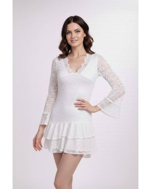 Stylewise Lace Frill Bell Sleeve V-Neck Bodycon Mini Dress - White