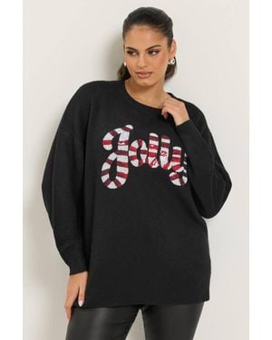 Yours 'Jolly' Sequin Candy Cane Novelty Jumper - Black