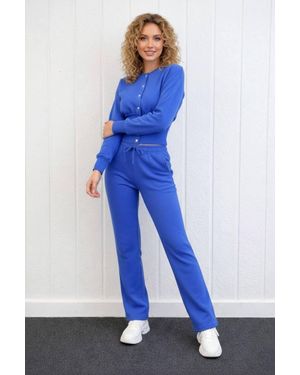 Stylewise Button-Up Sweatshirt & Wide Leg Trouser - Blue