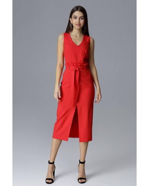 Love Lace Fitted Sleeveless Cocktail Dress Ruffle Waist - Red