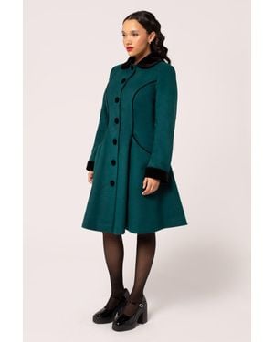 Hell Bunny Harper Fitted Retro Style Velvet Piping Coat - Blue