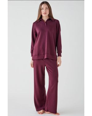 The Night Store Merlot Button Collar Lounge Trouser Set - Red