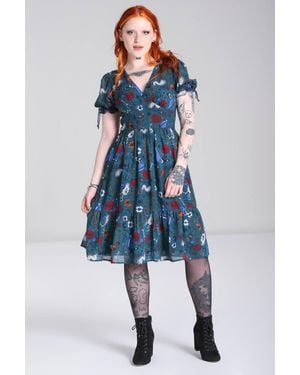 Hell Bunny Sianna Chiffon Midi Dress With Puff Sleeves & Underbust Detail - Blue