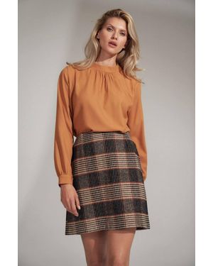 KDMD Collar Crease Long Sleeve Button Cuff Blouse - Brown