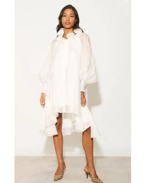 CY Ruffle Tie-Neck Oversized Midi Dress - Natural