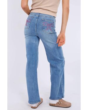 Stylewise Straight Leg Bow Detail Stretch Denim Jeans - Blue