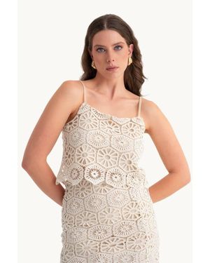 Hiccup Crochet Spaghetti Strap Lace Crop Top - White