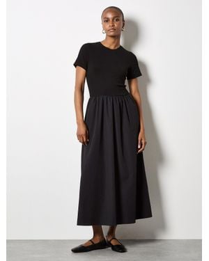 Apricot Ribbed Knit Top Fit & Flare Midi Dress - Black