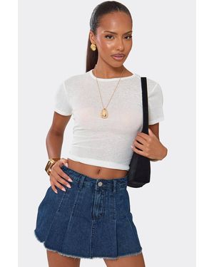 EGO Pleated Denim Low Rise Mini Skirt - White