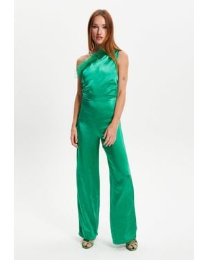Liquorish One Shoulder Fur Detail Jumpsuit - Green
