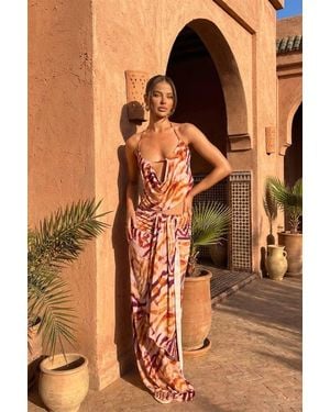 Rebellious Fashion Abstract Animal Print Strappy Halter Top & Maxi Skirt Co-Ord - Brown
