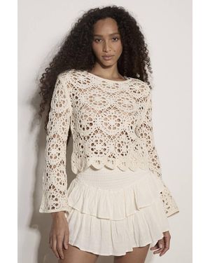 Apricot Boho Floral Cotton Blend Crochet Top - Natural