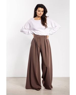 Love Lace High Waist Flared Wide Leg Trousers With Pockets - Brown