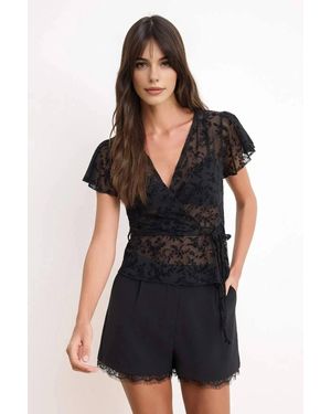 WOVCOR Floral Mesh Wrap Detail Short Sleeve Sheer Fitted Top - Black