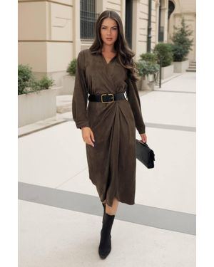 AX Paris Faux Suede Belted Wrap Shirt Midi Dress - Natural