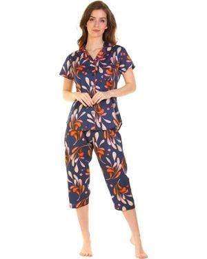 Wisteria Lane 100% Combed Cotton Poplin Cropped Pyjama Set - Blue