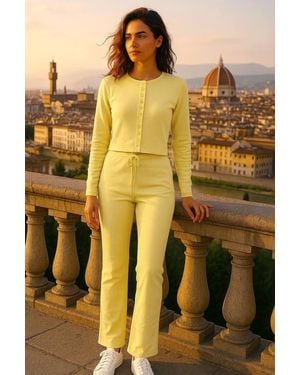 Stylewise Ribbed Button Detail Crop Top & Wide Leg Trouser Co-Ord - Yellow