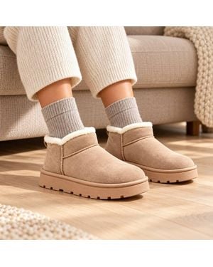 LARANGE Faux Suede Fleece-Lined Ankle Boots - Natural