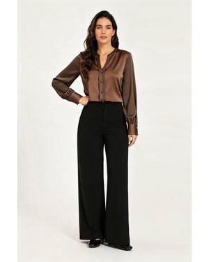 FS Collection Satin Notch Neck Blouse With Sheer Chiffon Sleeves - Black