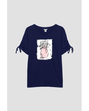 Enorsia Ruched Sleeves Chest Printed T-Shirt - Blue