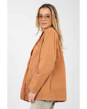 Love Lace Cotton Denim Casual Jacket With Floral Embroidery - Brown
