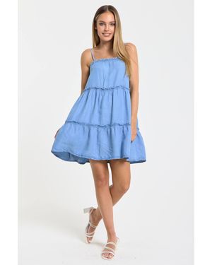 Liquorish Light Cotton Tiered Mini Dress - Blue