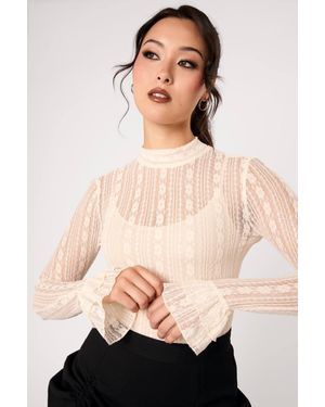 Hell Bunny Maude Floral Lace Mesh High Neck Frill Sleeve Top - Natural
