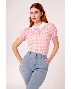 Hell Bunny Cindy Gingham Chiffon Blouse With Puff Sleeves & Bow Collar - Pink