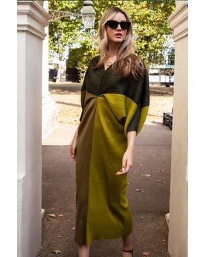 CY Colour Blocking Print Pleated Dress - Green