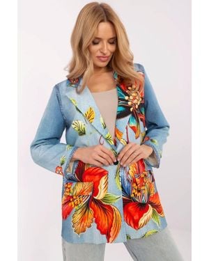 Love Lace Floral Denim Look Blazer Spring Summer - Blue