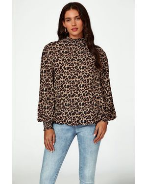 FS Collection Leopard Print Long Sleeve High Neck Blouse - Brown