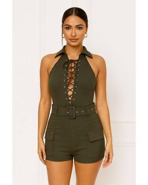 Stylewise Lace-Up Front Cargo Playsuit With Matching Belt - Green